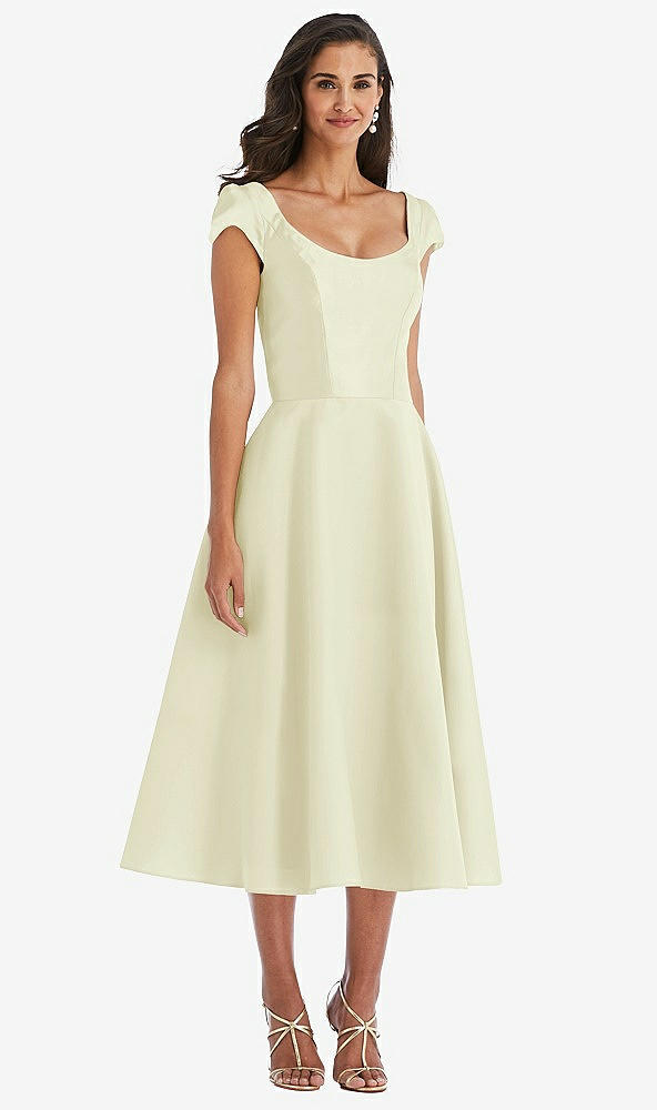 Front View - Butter Yellow Puff Cap Sleeve Full Skirt Satin Midi Dress