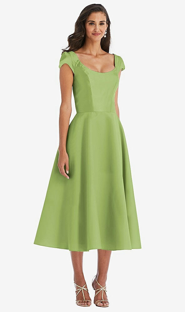 Front View - Mojito Puff Cap Sleeve Full Skirt Satin Midi Dress