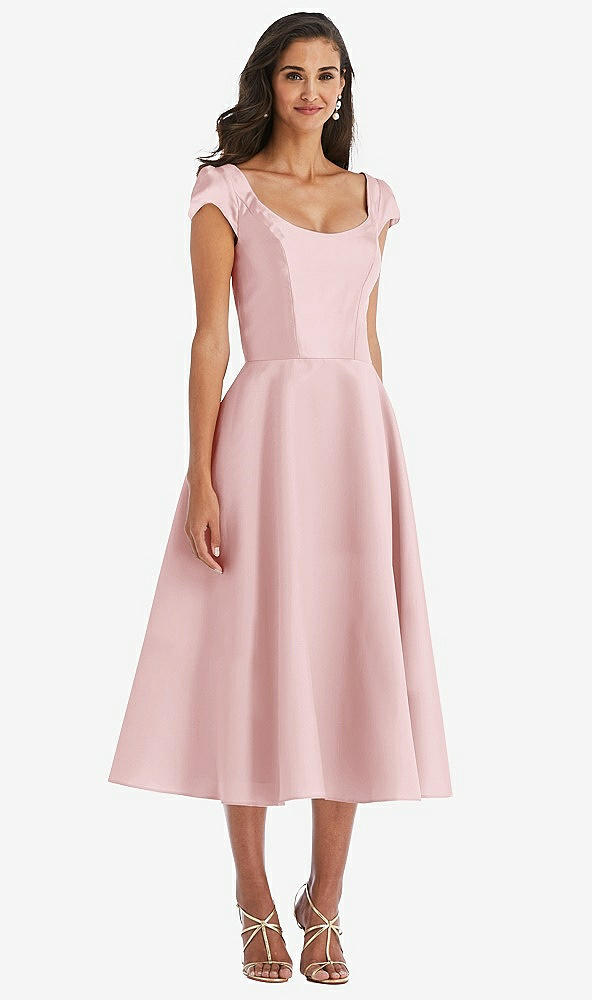 Front View - Ballet Pink Puff Cap Sleeve Full Skirt Satin Midi Dress