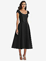 Front View Thumbnail - Black Puff Cap Sleeve Full Skirt Satin Midi Dress