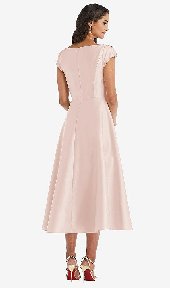 Back View - Blush Puff Cap Sleeve Full Skirt Satin Midi Dress