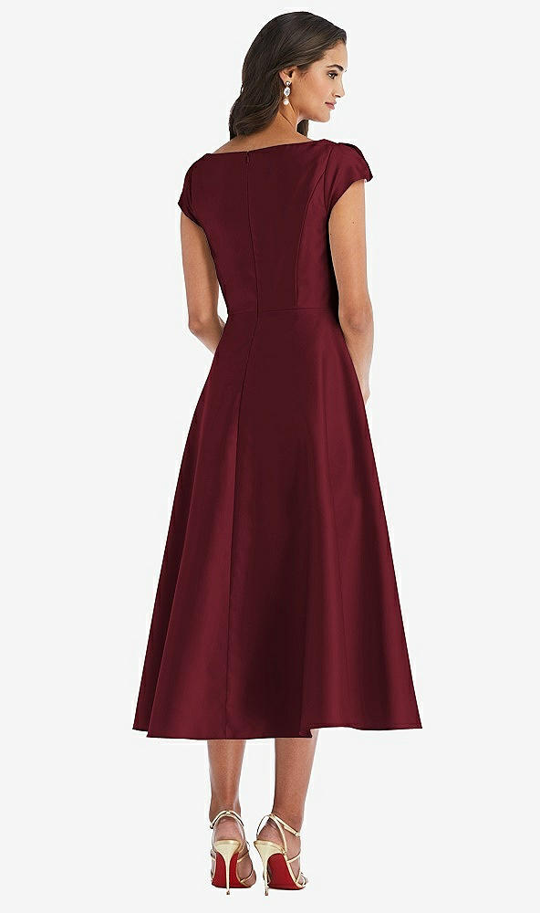 Back View - Cabernet Puff Cap Sleeve Full Skirt Satin Midi Dress