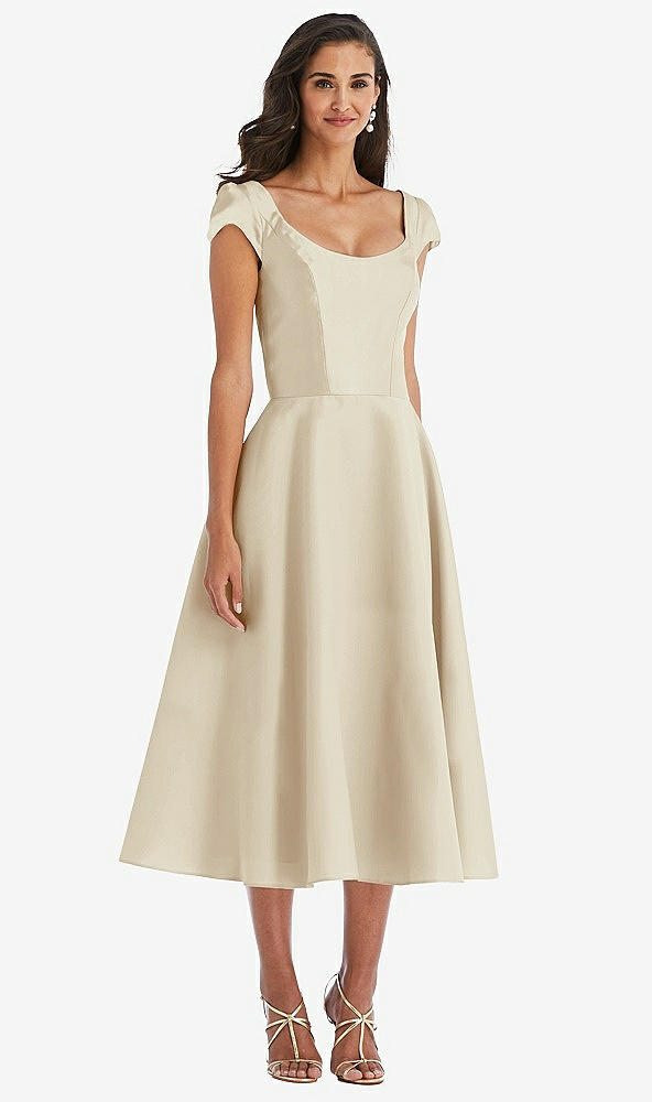 Front View - Champagne Puff Cap Sleeve Full Skirt Satin Midi Dress