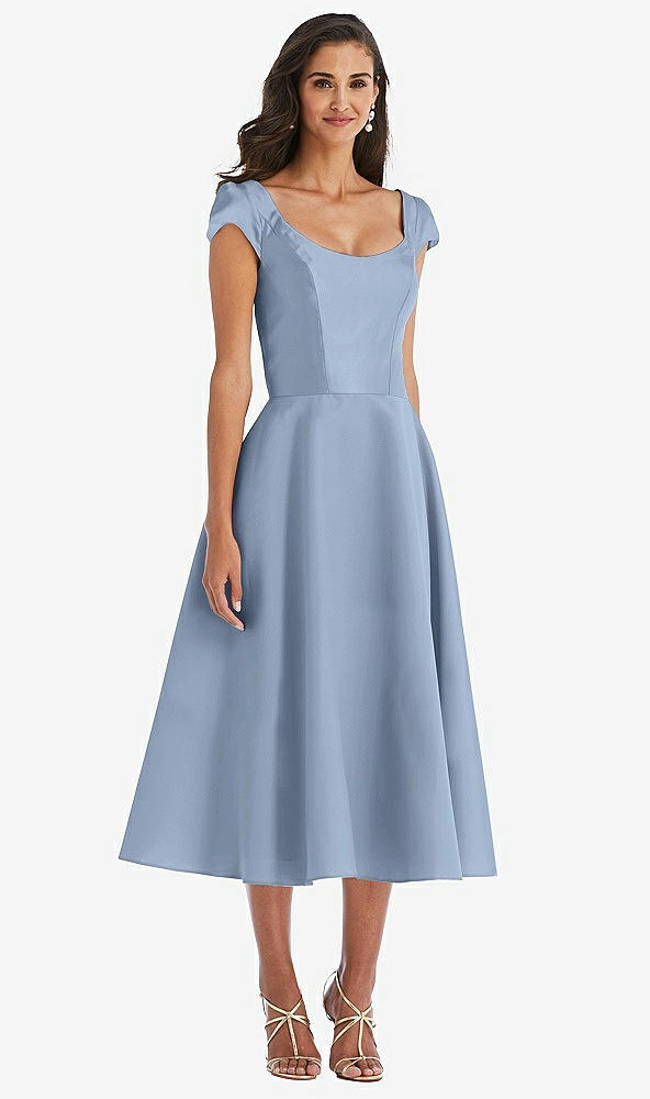 Front View - Cloudy Puff Cap Sleeve Full Skirt Satin Midi Dress