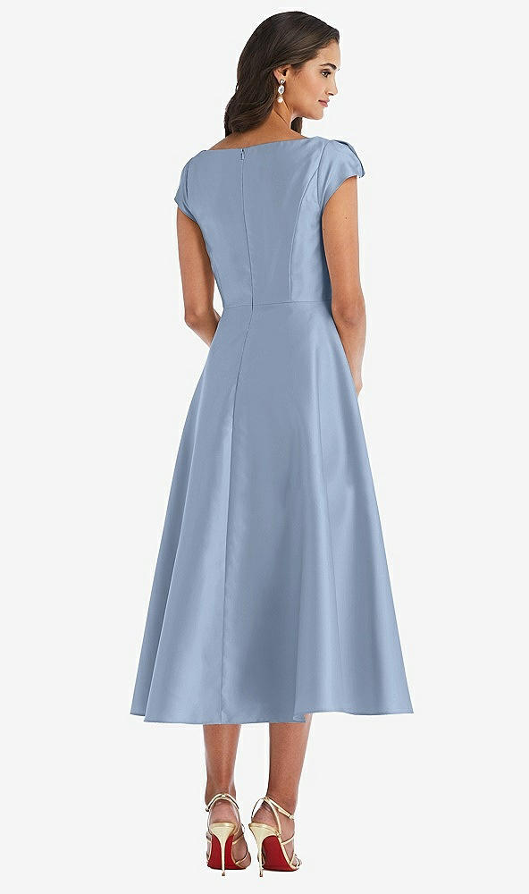 Back View - Cloudy Puff Cap Sleeve Full Skirt Satin Midi Dress