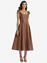 Front View Thumbnail - Cognac Puff Cap Sleeve Full Skirt Satin Midi Dress