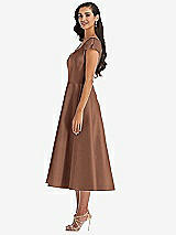Side View Thumbnail - Cognac Puff Cap Sleeve Full Skirt Satin Midi Dress