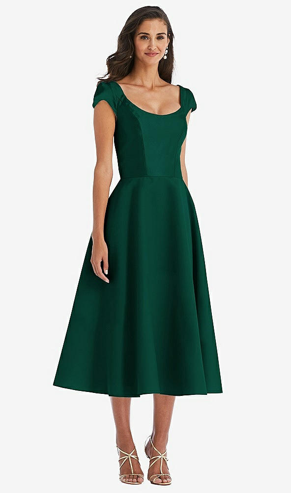 Front View - Hunter Green Puff Cap Sleeve Full Skirt Satin Midi Dress