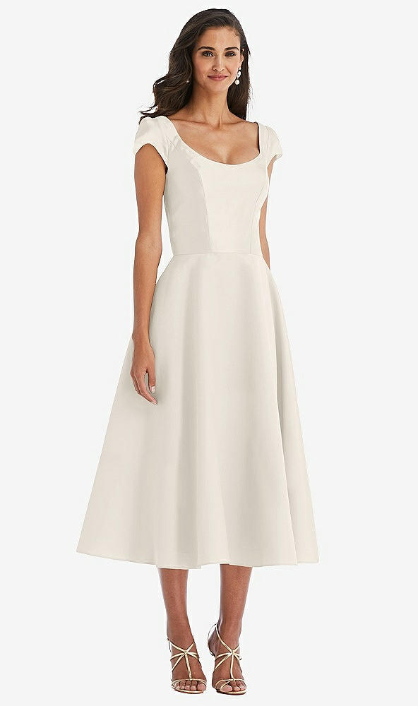 Front View - Ivory Puff Cap Sleeve Full Skirt Satin Midi Dress