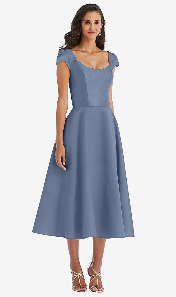 Front View - Larkspur Blue Puff Cap Sleeve Full Skirt Satin Midi Dress