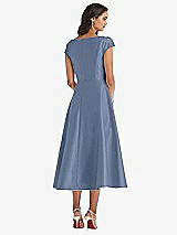 Rear View Thumbnail - Larkspur Blue Puff Cap Sleeve Full Skirt Satin Midi Dress