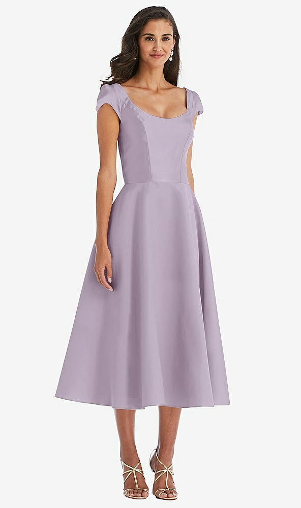 Front View - Lilac Haze Puff Cap Sleeve Full Skirt Satin Midi Dress