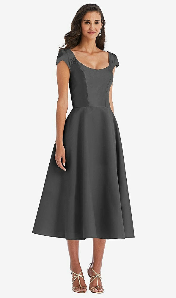 Front View - Pewter Puff Cap Sleeve Full Skirt Satin Midi Dress