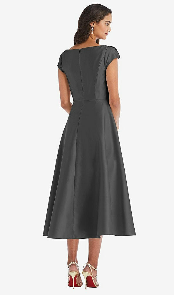 Back View - Pewter Puff Cap Sleeve Full Skirt Satin Midi Dress