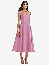 Front View Thumbnail - Powder Pink Puff Cap Sleeve Full Skirt Satin Midi Dress