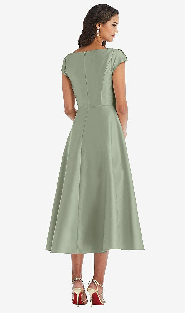 Back View - Sage Puff Cap Sleeve Full Skirt Satin Midi Dress