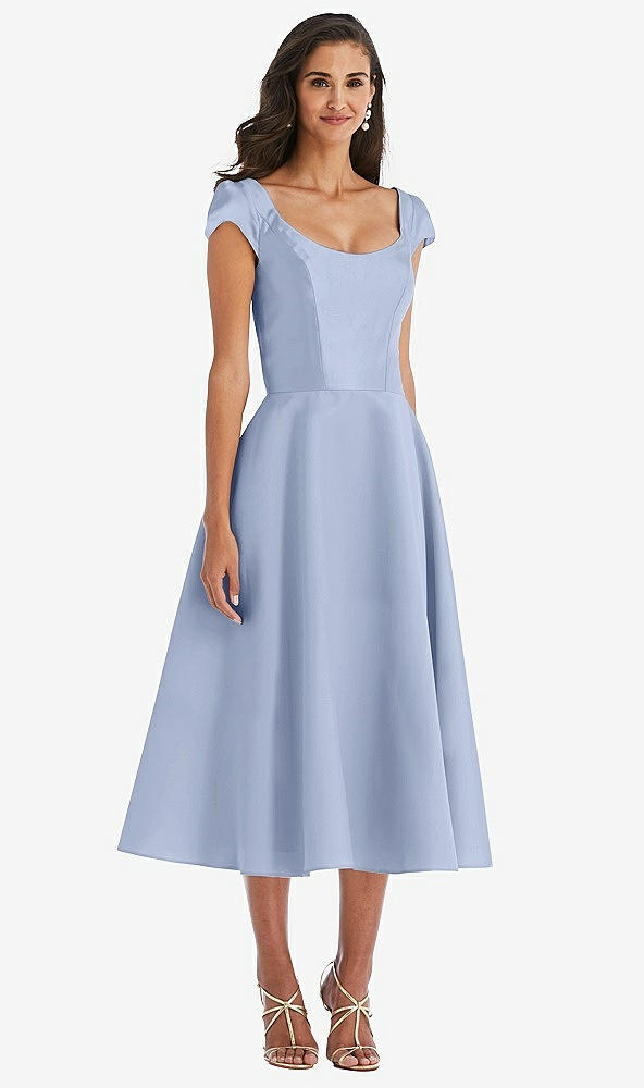 Front View - Sky Blue Puff Cap Sleeve Full Skirt Satin Midi Dress