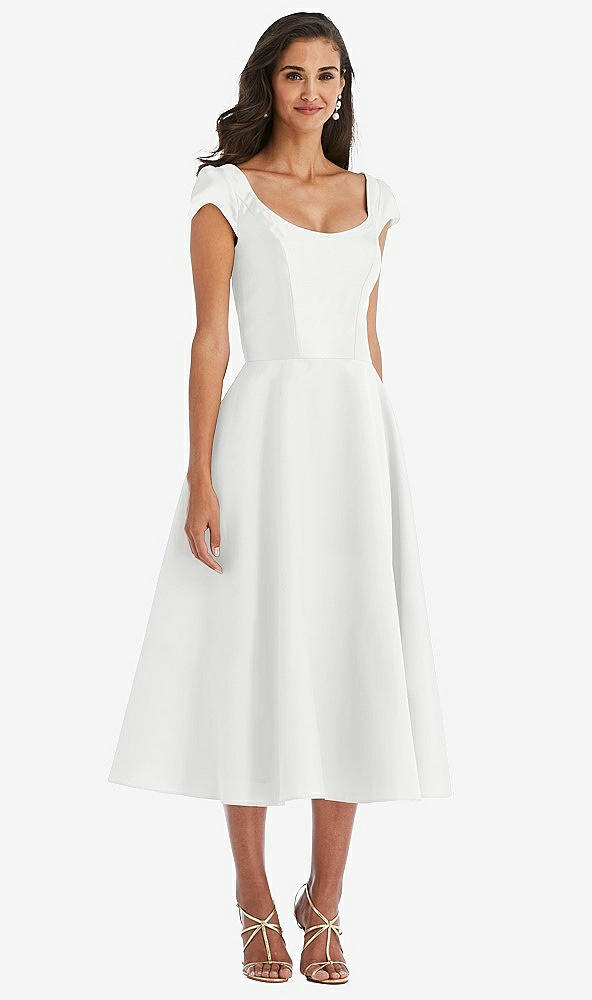 Front View - White Puff Cap Sleeve Full Skirt Satin Midi Dress