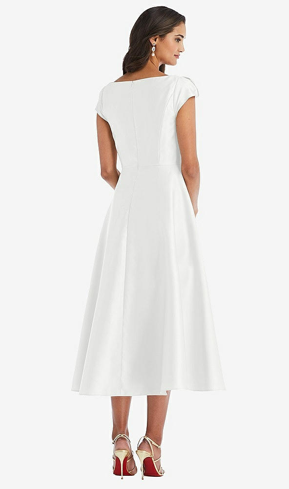 Back View - White Puff Cap Sleeve Full Skirt Satin Midi Dress