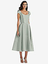 Front View Thumbnail - Willow Green Puff Cap Sleeve Full Skirt Satin Midi Dress