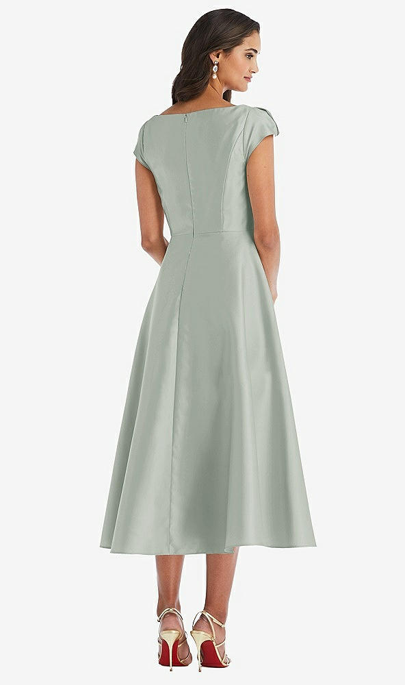 Back View - Willow Green Puff Cap Sleeve Full Skirt Satin Midi Dress