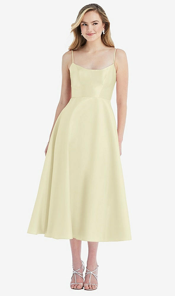 Front View - Butter Yellow Spaghetti Strap Full Skirt Satin Midi Dress