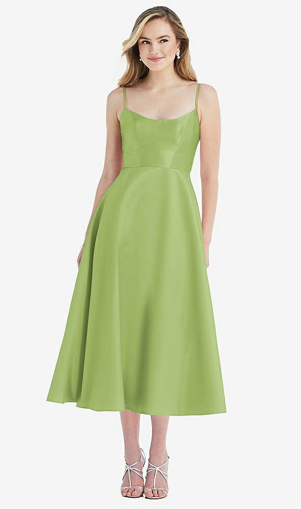 Front View - Mojito Spaghetti Strap Full Skirt Satin Midi Dress