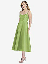 Side View Thumbnail - Mojito Spaghetti Strap Full Skirt Satin Midi Dress