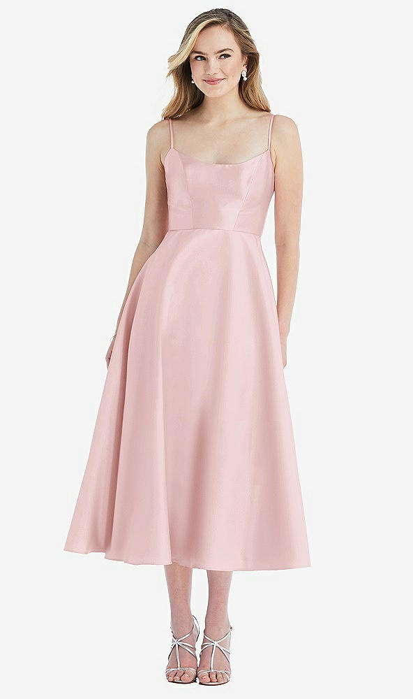 Front View - Ballet Pink Spaghetti Strap Full Skirt Satin Midi Dress