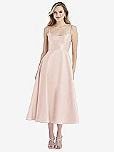Front View Thumbnail - Blush Spaghetti Strap Full Skirt Satin Midi Dress