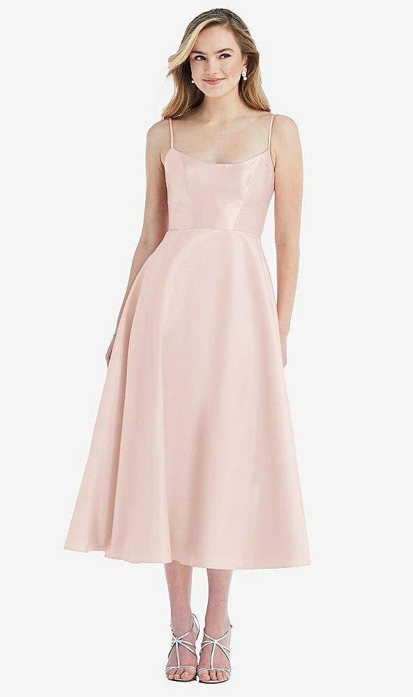 Front View - Blush Spaghetti Strap Full Skirt Satin Midi Dress