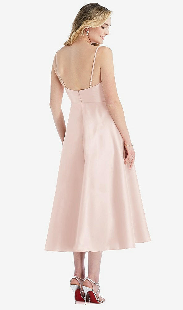 Back View - Blush Spaghetti Strap Full Skirt Satin Midi Dress