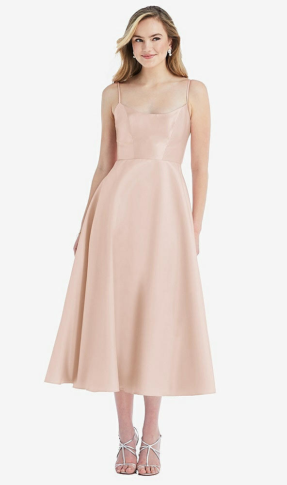 Front View - Cameo Spaghetti Strap Full Skirt Satin Midi Dress