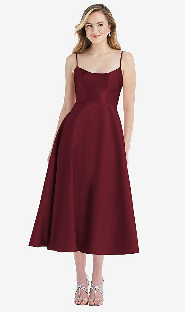Front View - Cabernet Spaghetti Strap Full Skirt Satin Midi Dress