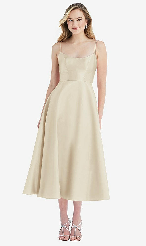 Front View - Champagne Spaghetti Strap Full Skirt Satin Midi Dress