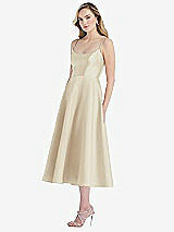 Side View Thumbnail - Champagne Spaghetti Strap Full Skirt Satin Midi Dress