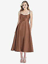 Front View Thumbnail - Cognac Spaghetti Strap Full Skirt Satin Midi Dress
