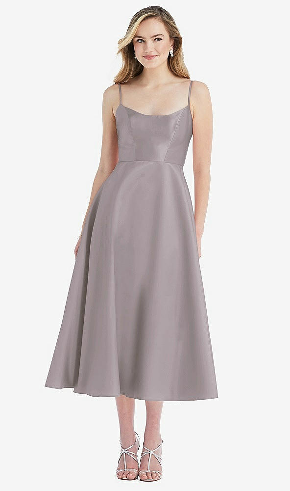 Front View - Cashmere Gray Spaghetti Strap Full Skirt Satin Midi Dress
