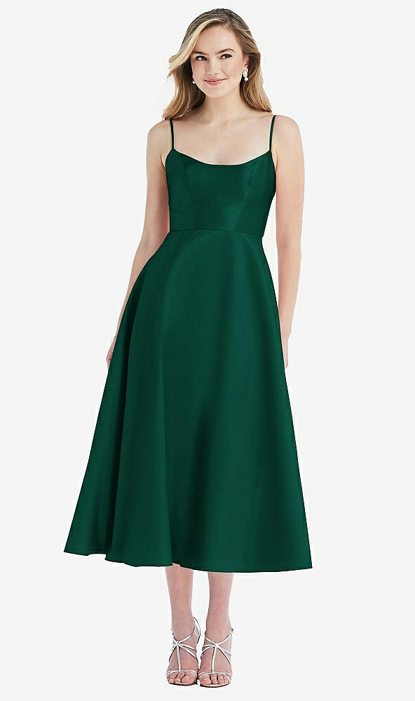 Front View - Hunter Green Spaghetti Strap Full Skirt Satin Midi Dress