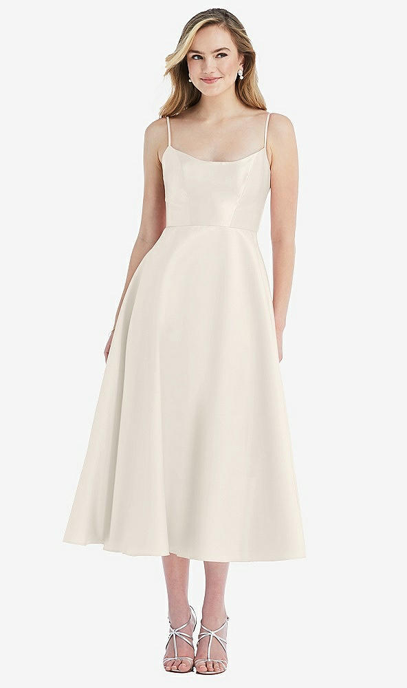 Front View - Ivory Spaghetti Strap Full Skirt Satin Midi Dress
