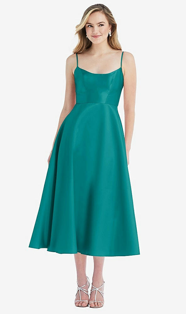 Front View - Jade Spaghetti Strap Full Skirt Satin Midi Dress