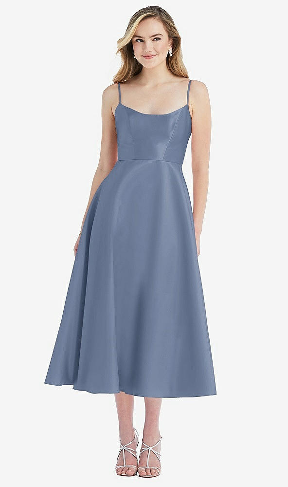 Front View - Larkspur Blue Spaghetti Strap Full Skirt Satin Midi Dress