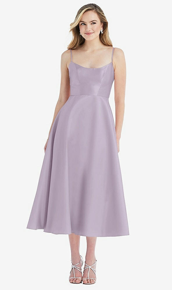 Front View - Lilac Haze Spaghetti Strap Full Skirt Satin Midi Dress
