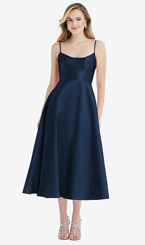 Front View - Midnight Navy Spaghetti Strap Full Skirt Satin Midi Dress