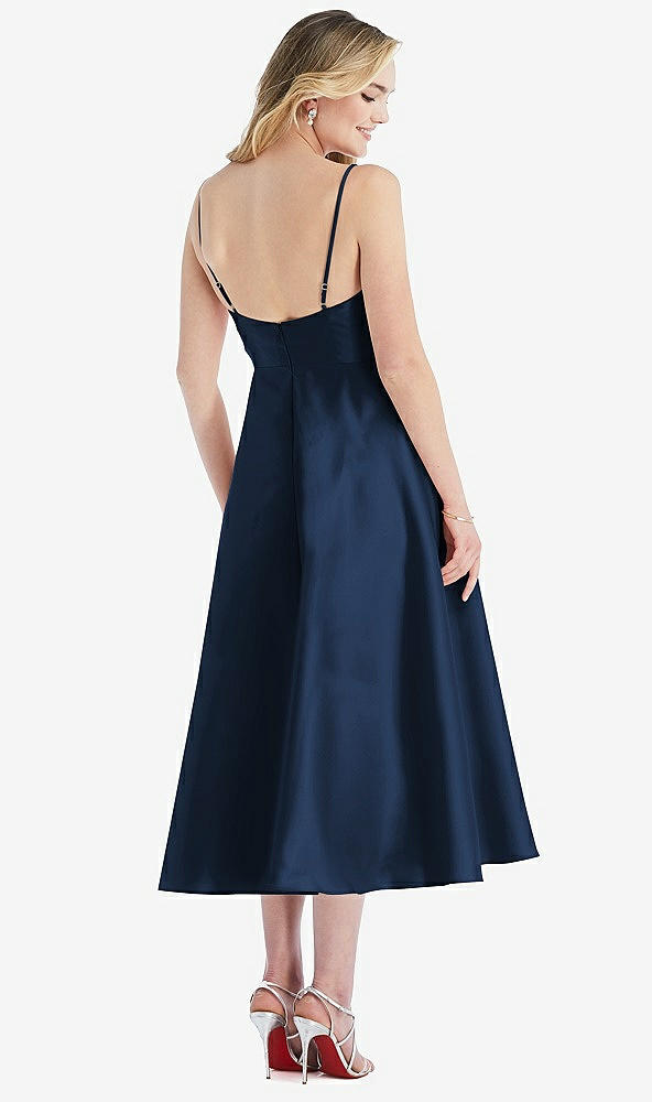 Back View - Midnight Navy Spaghetti Strap Full Skirt Satin Midi Dress