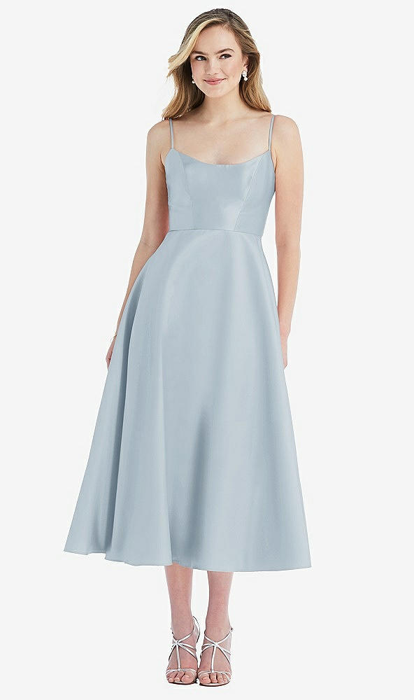 Front View - Mist Spaghetti Strap Full Skirt Satin Midi Dress