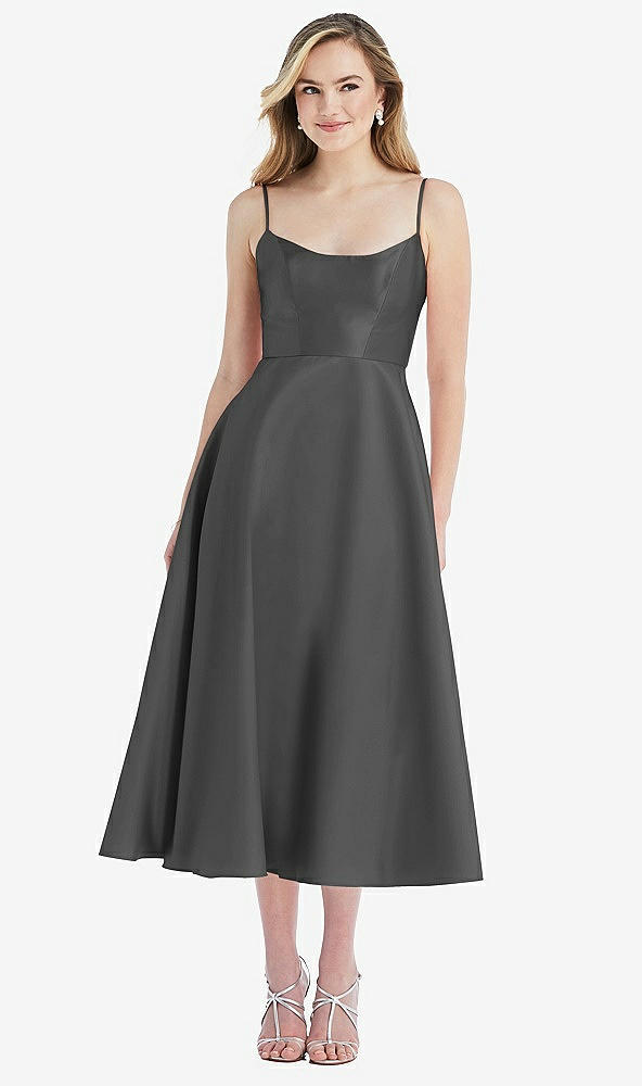 Front View - Pewter Spaghetti Strap Full Skirt Satin Midi Dress