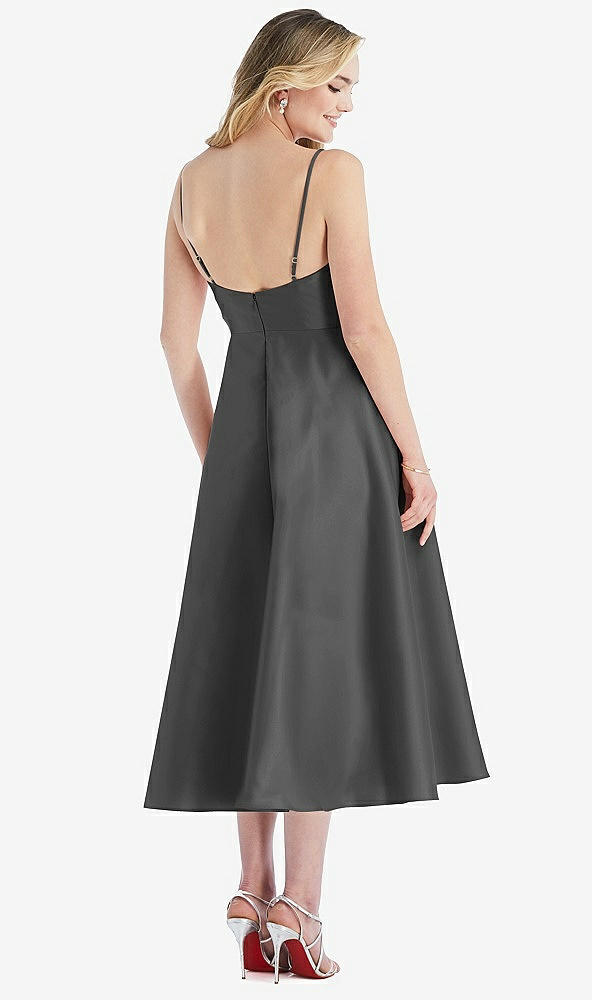Back View - Pewter Spaghetti Strap Full Skirt Satin Midi Dress