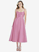 Front View Thumbnail - Powder Pink Spaghetti Strap Full Skirt Satin Midi Dress