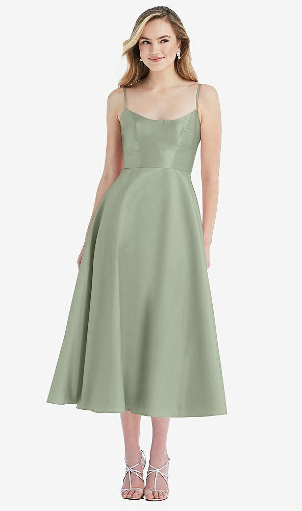 Front View - Sage Spaghetti Strap Full Skirt Satin Midi Dress